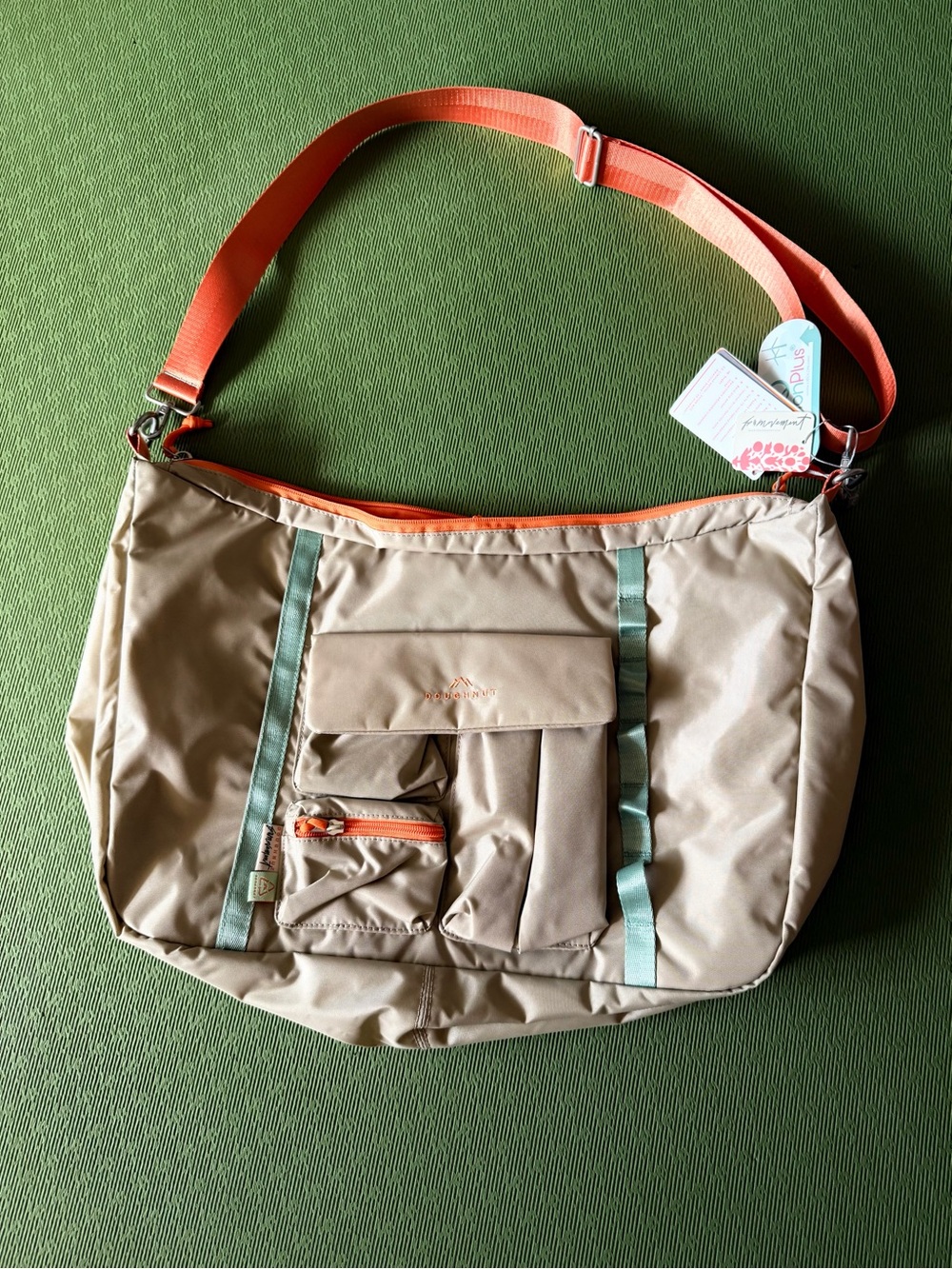 Free People Tan Crossbody Bag with Coral Strap and Mint Trim